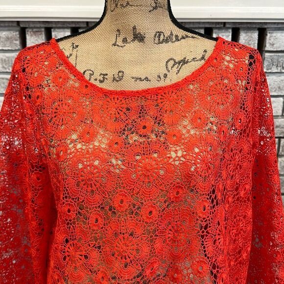 Adiva Womens Floral Crochet Open Knit 3/4 Bell Sleeve Top Red Orange Size Large - Picture 2 of 12